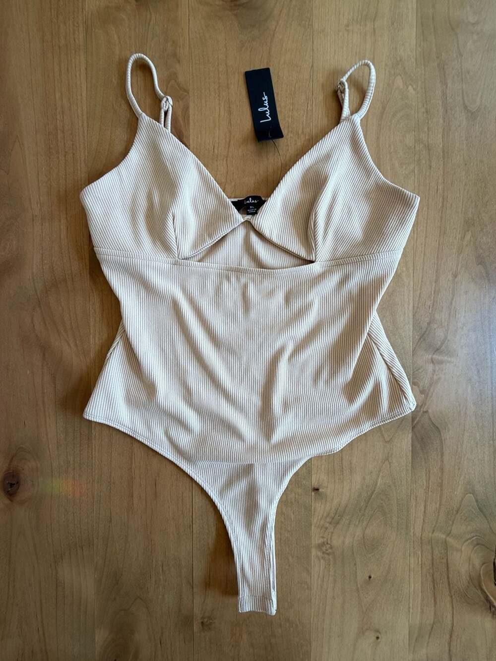 Lulus Ribbed Knit Bodysuit XL Beige V-Neck Cutout Thong NEW